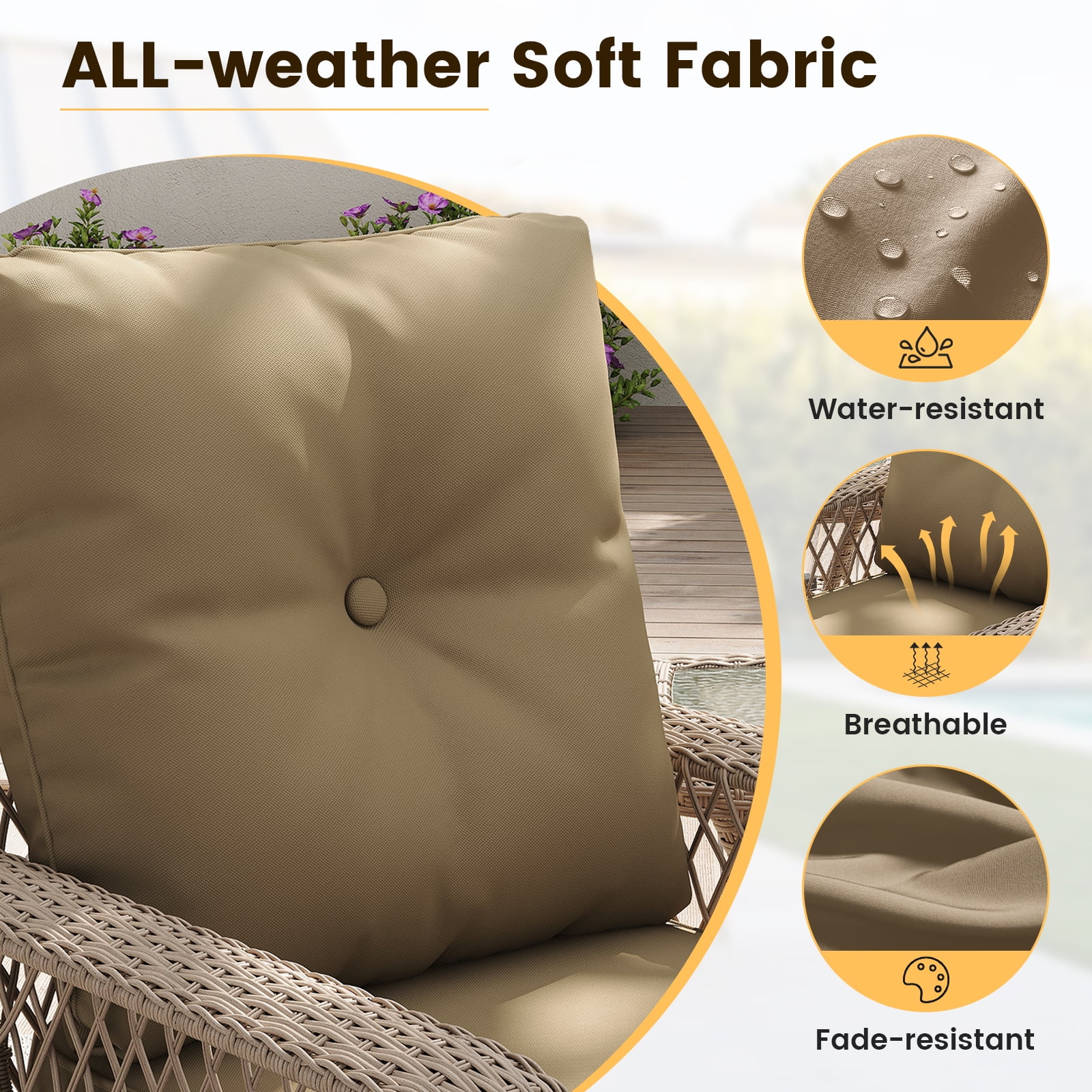 ELPOSUN 3-Piece Patio Furniture Set, Outdoor Wicker Swivel Glider Chair with Glass Top Table and Cushions, Brown