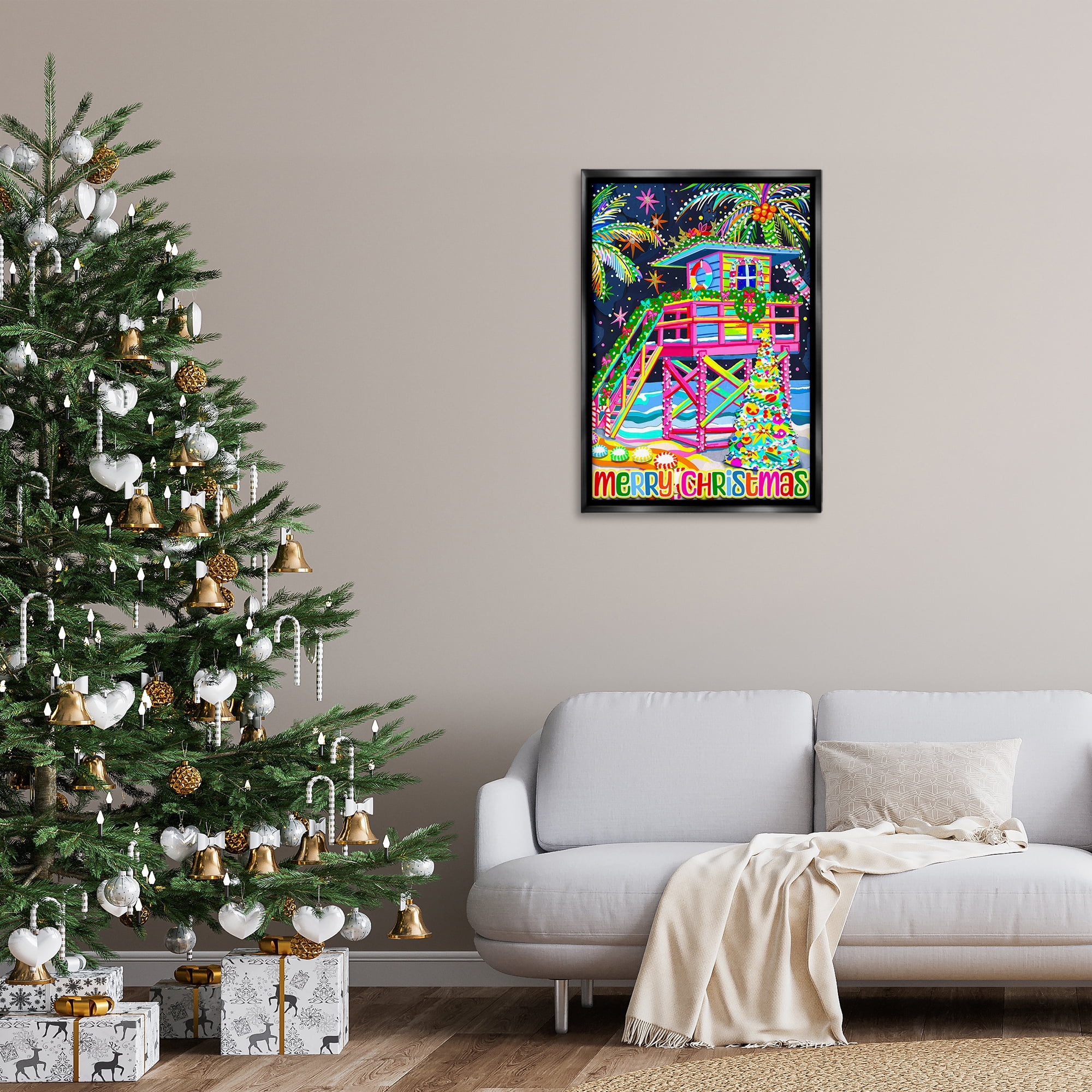 Stupell Industries Whimsical Seaside Christmas Holiday Painting Black Floater Framed Canvas Art Prints Wall Art, 21 x 31