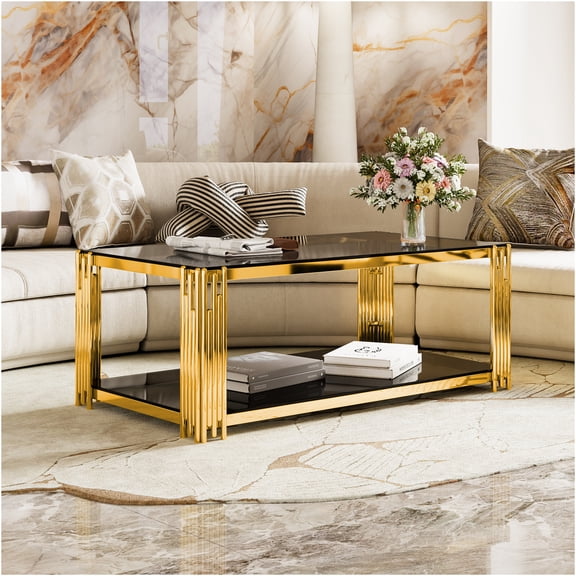 JERFIT 47.5 Inch Modern Gold Coffee Table with Black Mirror Glass Top and Lower Shelf, Asymmetrical Metal Frame Design for Living Room