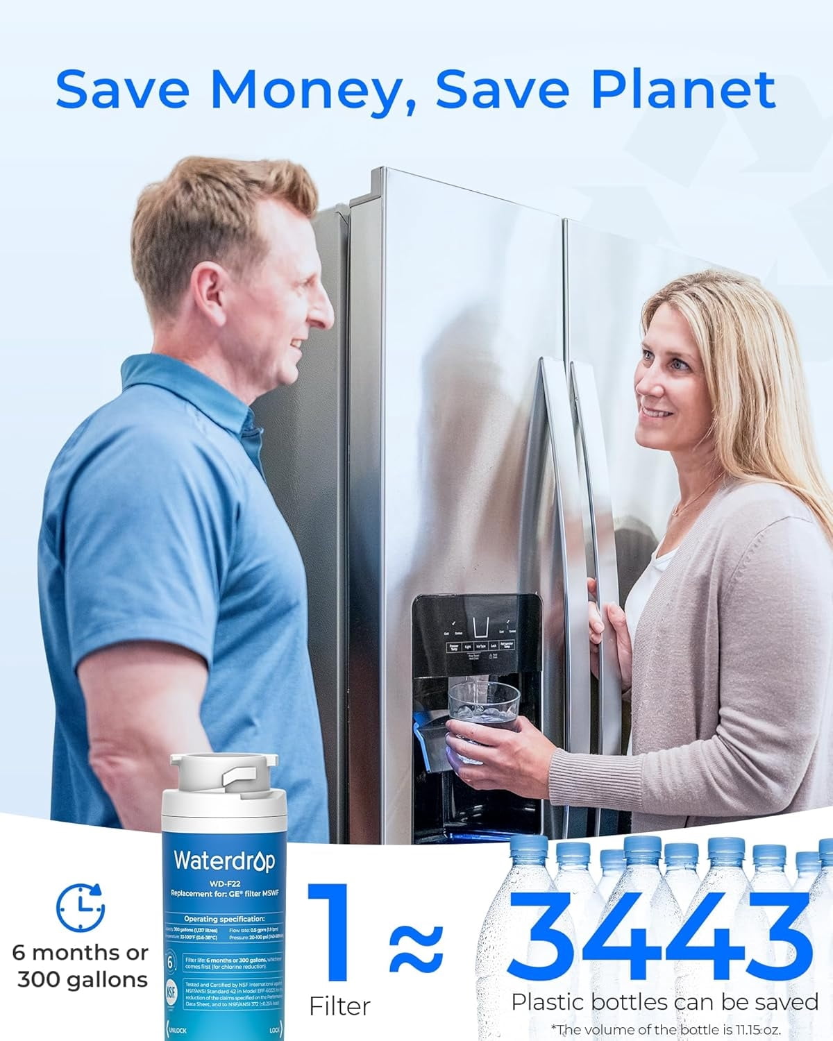 Waterdrop MSWF Refrigerator Water Filter, Replacement for GE® MSWF, 101820A, 101821B, RWF1500A, NSF 42&372 Certified, Pack of 4 (Package May Vary)