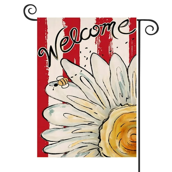 DMERBYL Summer Daisy Garden Flag 12x18 Vertical Double Sided Welcome Spring Floral Bee Holiday Outside Decorations Burlap Yard Stripe Red Flag