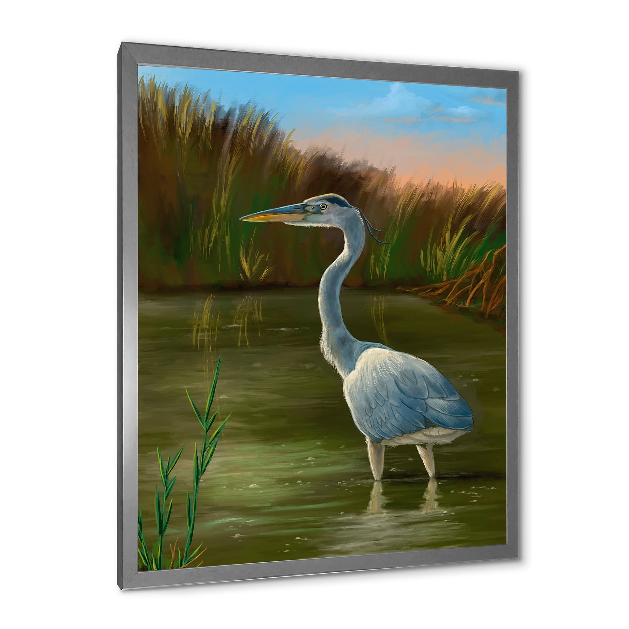 Designart 'Blue Heron Wetland Bird on The Lake Shore' Traditional Framed Art Print