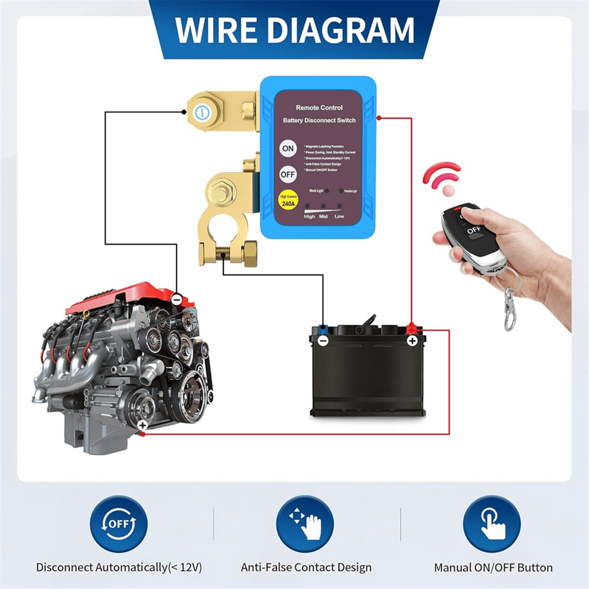 12V 240A Remote Battery Disconnect Switch, Automatic Power Off Switch