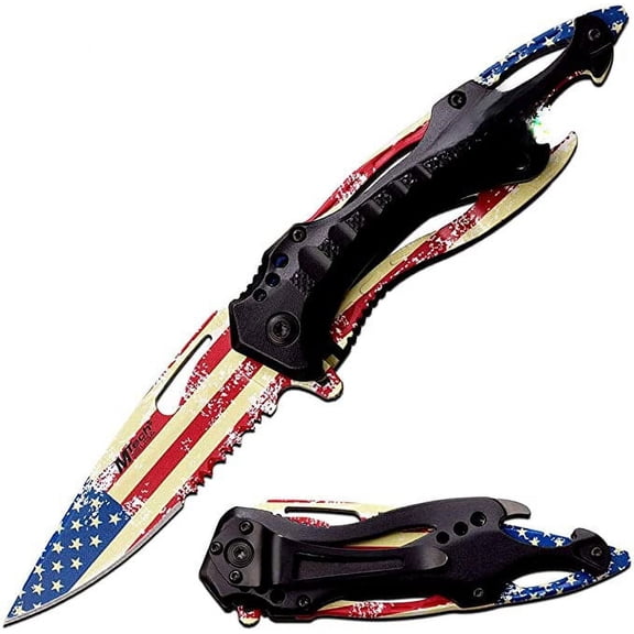 Blue Steel Pocket Knife, Fathers Day, Groomsmen Gift, Graduation Gifts, Gifts for Men 4.5" CLOSED (Flag)