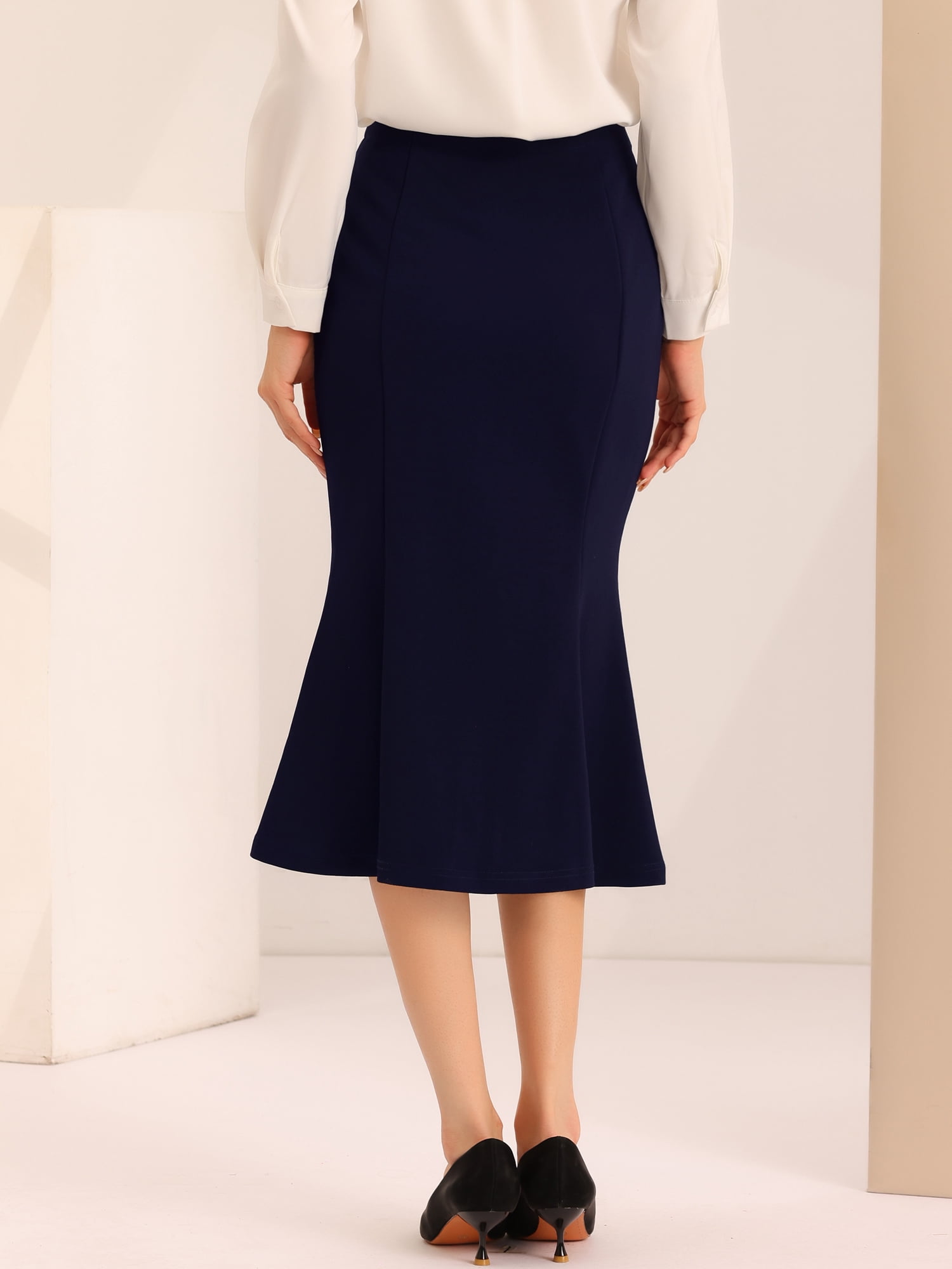 DARING DIVA Women's Bodycon High Waist Ruffle Hem Fishtail Midi Skirt XS Navy Blue