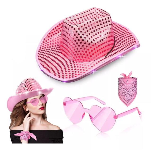 3pc Sombrero Vaquero Con Luz Led Para Fiesta Y Gafas Corazón