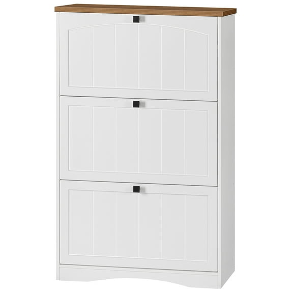 HOOBRO Large Shoe Cabinet, Farmhouse Entryway Organizer with Flip-Down Drawers and Adjustable Shelves, Holds 24 Pairs Storage for Hallway, Closet, White and Walnut WH37SC01