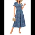 thumbnail image 3 of Vestidos Largos de Verano para Mujer 2025, Informales, con Escote en V, Corta Abullonada, Fruncidos, Holgados, Estilo Bohemio , con Estampado Floral, Color Azul S, 3 of 10