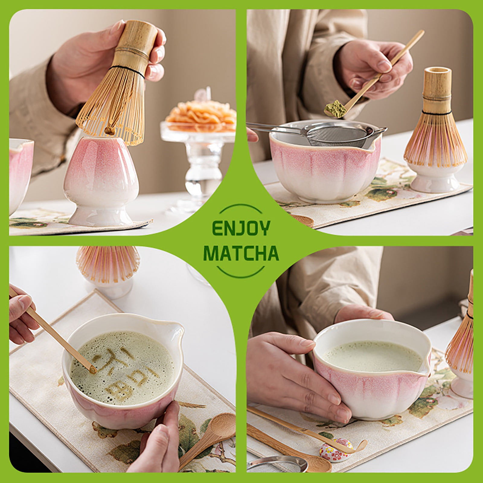 Matcha Tool Set 8 Pieces * 1 Clearance! Japanese 8 Piece Matcha Tea Set Standard Size Ceramic Bowl with Whisk Spoon Holder Strainer Container and Caddy for Traditional Ceremonies