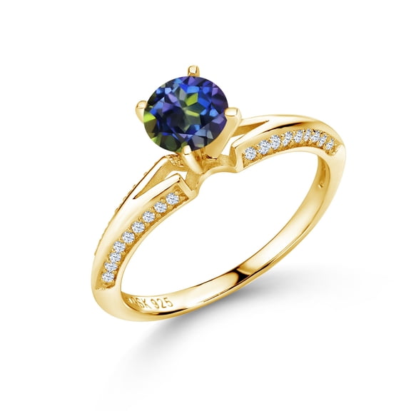 Gem Stone King 1.58 Ct Round Blue Mystic Topaz 18K Yellow Gold Plated Silver Ring (Size 6)