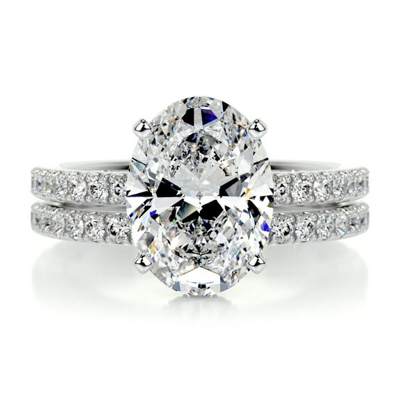First Jewel Dazzling Oval Cut Two Eternity Band Diamond Ring for Women's - 2.1 Ct Lab Created Simulated Diamond in 14K White Gold Over - Ideal for Engagements, Weddings, and Thoughtful Gifting