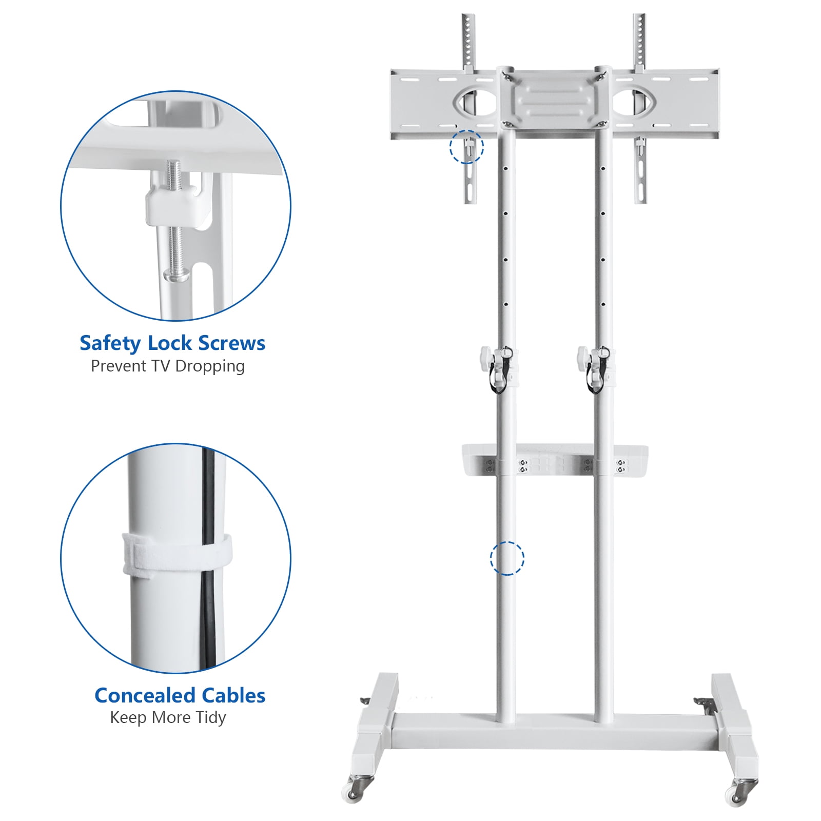 RTVR Tall TV Stand with Wheels for 32 to 85 inch Flat Panel TVs Tilt Floor Trolley Stand Cart, Morden White Shelf