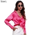 thumbnail image 2 of Camisa de manga larga con botones de satén de imitación de seda para mujer, blusa de trabajo formal, rojo rosa, rojo rosa, L,, 2 of 6
