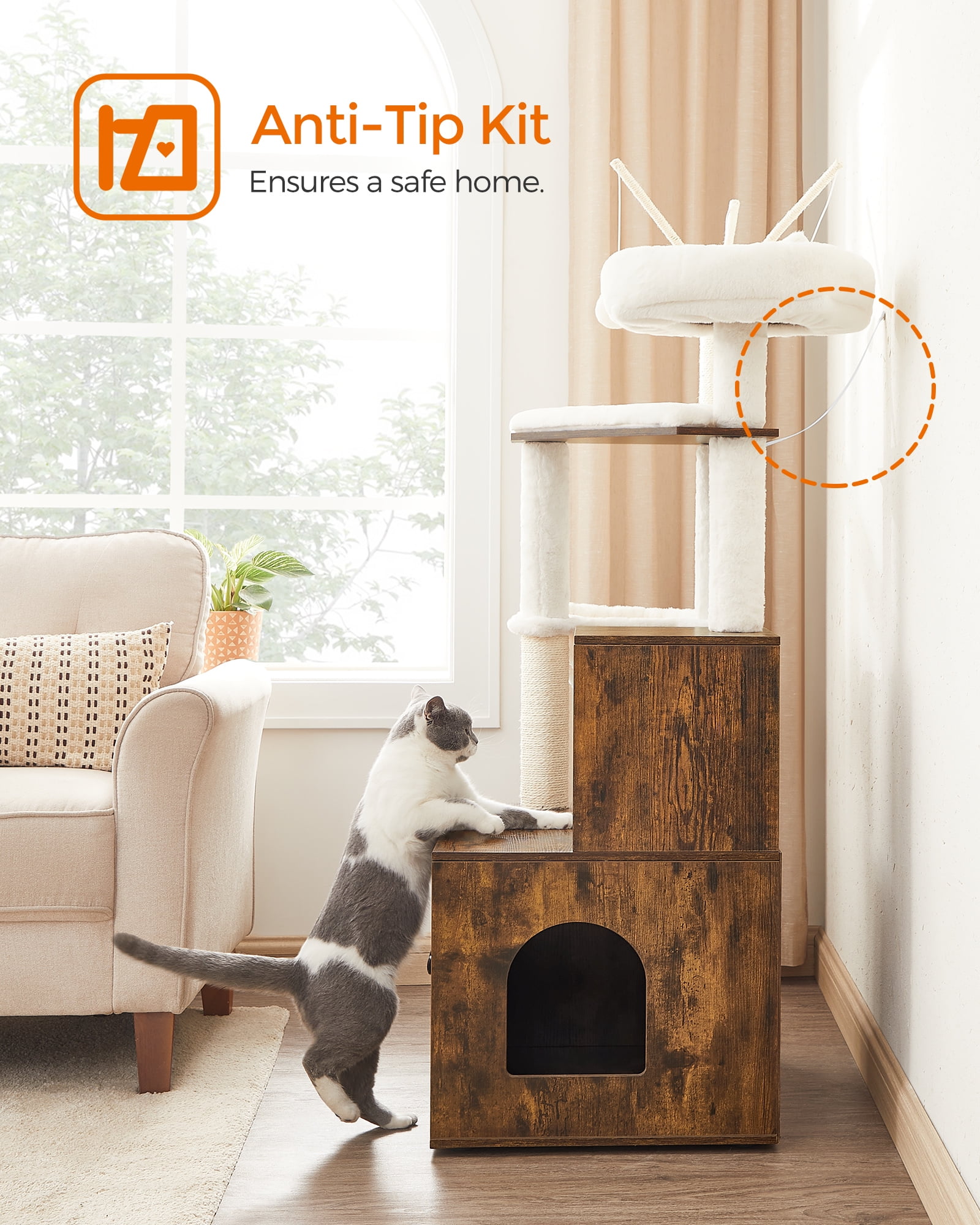 WoodyWonders 2-in-1 Cat Tree with Litter Box Enclosure - Modern Cat Condo with Scratching Posts, Rustic Brown