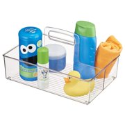 mDesign Nursery Plastic Storage Caddy Divided Bin - Utility Tote with Handle, Holds Bottles, Spoons, Bibs, Pacifiers, Diapers, Wipes, Baby Lotion - 2 Sections, BPA Free, Medium - Clear