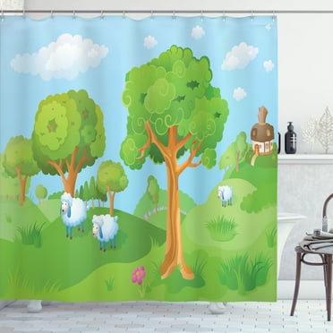 Ambesonne Cartoon Shower Curtain, Lambs on Grasses, 69"Wx70"L, Multicolor
