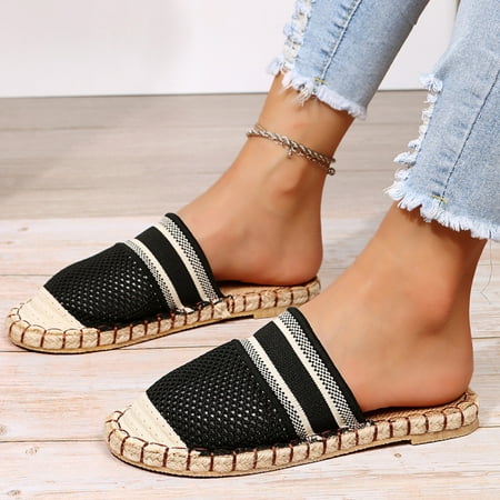 

Women s Fashion Breathable Mesh Toe Cap Half Drag Striped Flat Casual Shoes