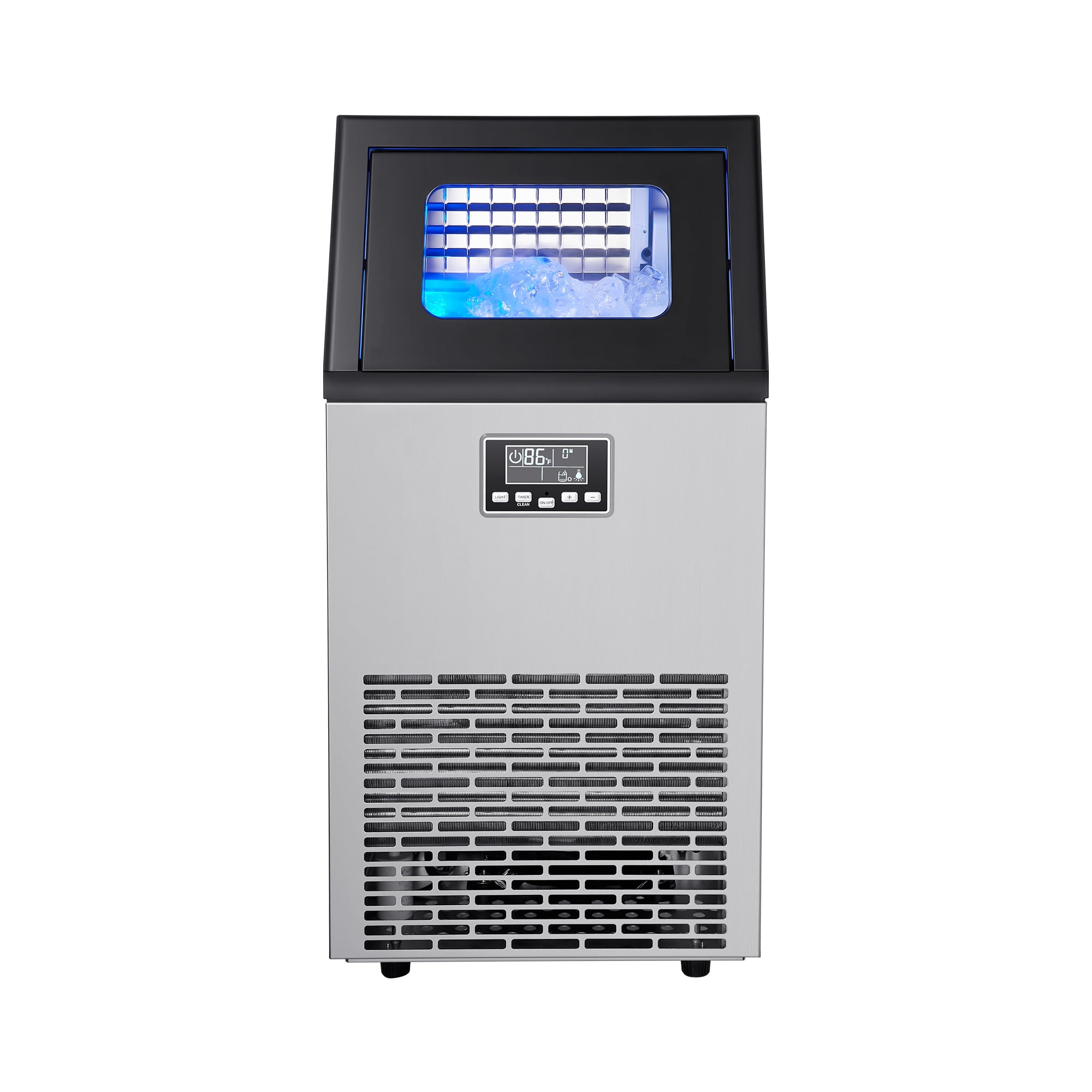 KFFKFF Commercial Ice Maker Machine, 100 lbs/24h Output with 28 lbs Storage, Produces 45 Cubes per Cycle, Stainless Steel Design for Freestanding or Under-Counter Use, Features LED Display