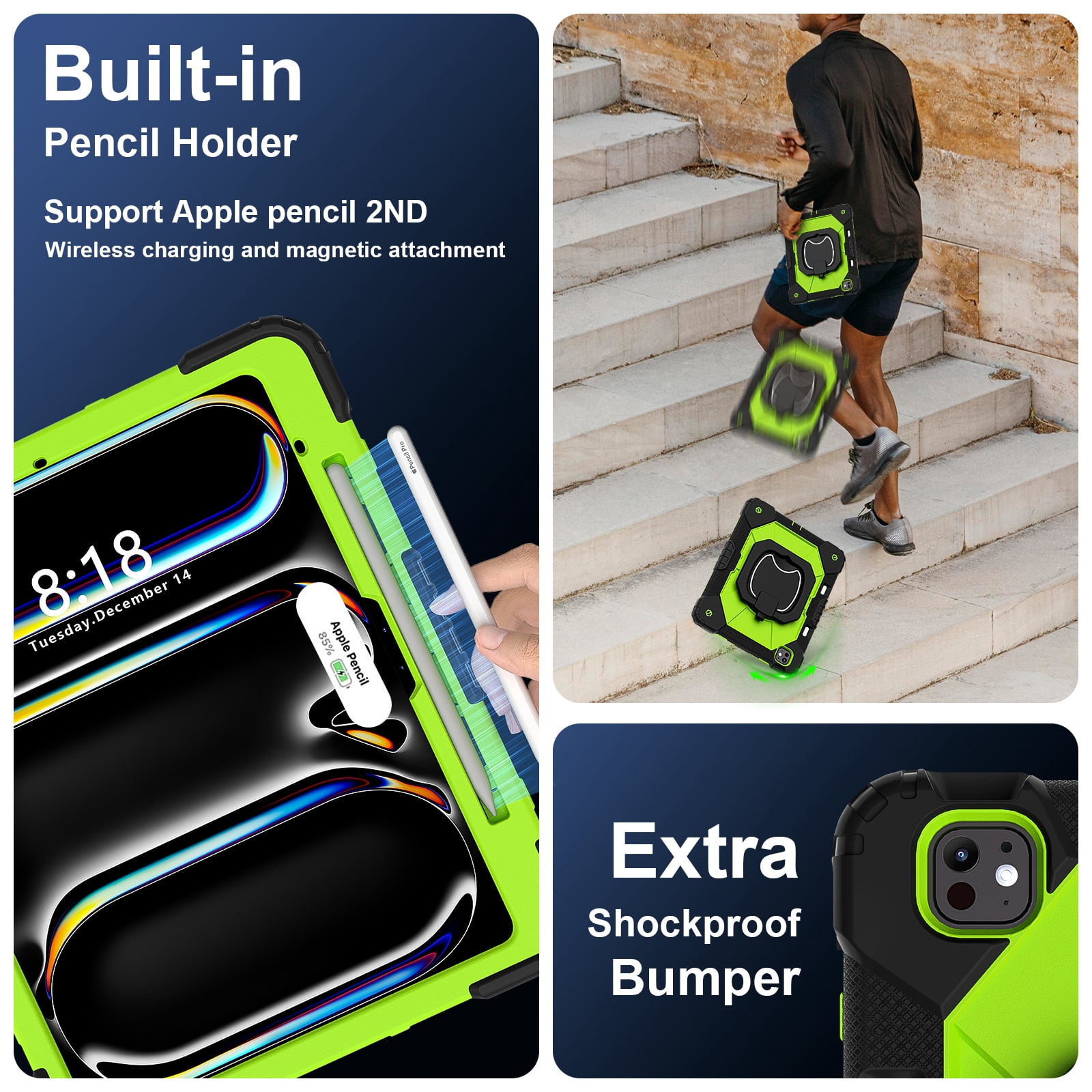 Decase Kids Case for Apple iPad Pro 13 13-inch (M5)(M4) 2025/2024,Shockproof Rotatable Stand Cover,Detachable Shoulder Strap,Rugged 3-Layer Tablet Shell with Pen Holder,Black+Green