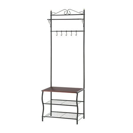 Entry Coat Rack Bench LANGRIA Entryway Metal Storage Shoe Bench with Coat Rack, 3 Tiers and 5 Free Hooks Black Finish ()
