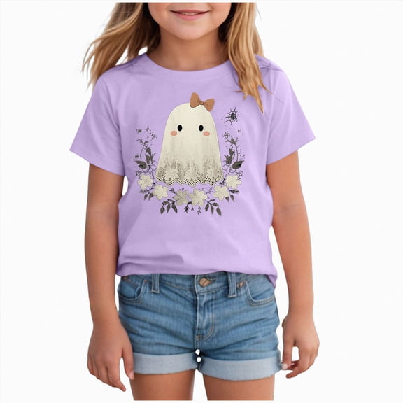 xaweyi Girls Halloween T Shirt Cute Ghost and Flowers Graphic Short Sleeve Crew Neck Tee,Sizes 8-9 Years