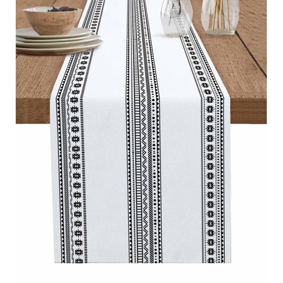 White Boho Table Runner 60 Inches, Farmhouse Simple Abstract Striped Geometric Bed Runner Dresser Scarves Tabletop for Indoor Outdoor Parties/Ceremony/Banquet, 13" x 60"