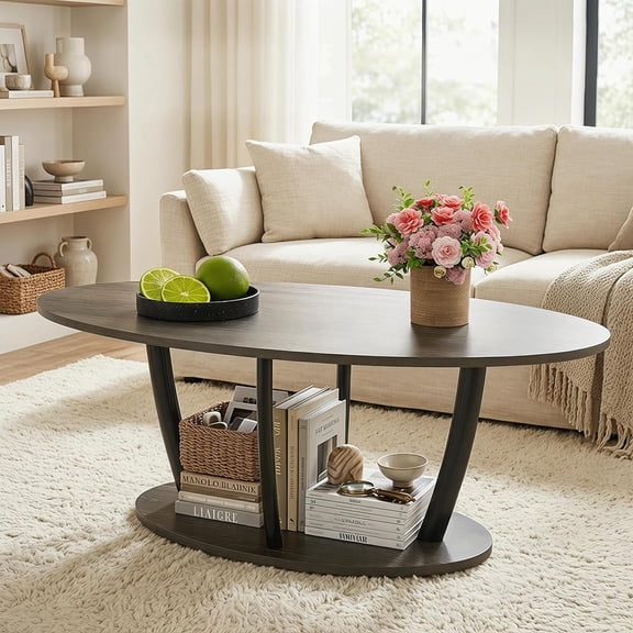 Manxile Oval Coffee Table with Storage Shelf, Farmhouse Center Table for Living Room,Charcoal Oak