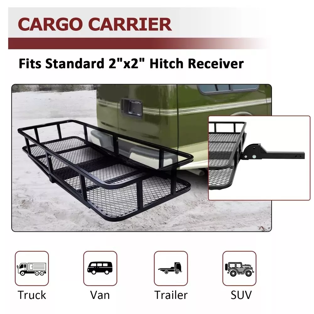Kojem Hitch Cargo Carrier Rack 60"x21"x6" for 2"x2" Hitch Receiver Van SUV Truck Trailer 550lbs Folding Rear Luggage Basket Hitch Mount Cargo Rack