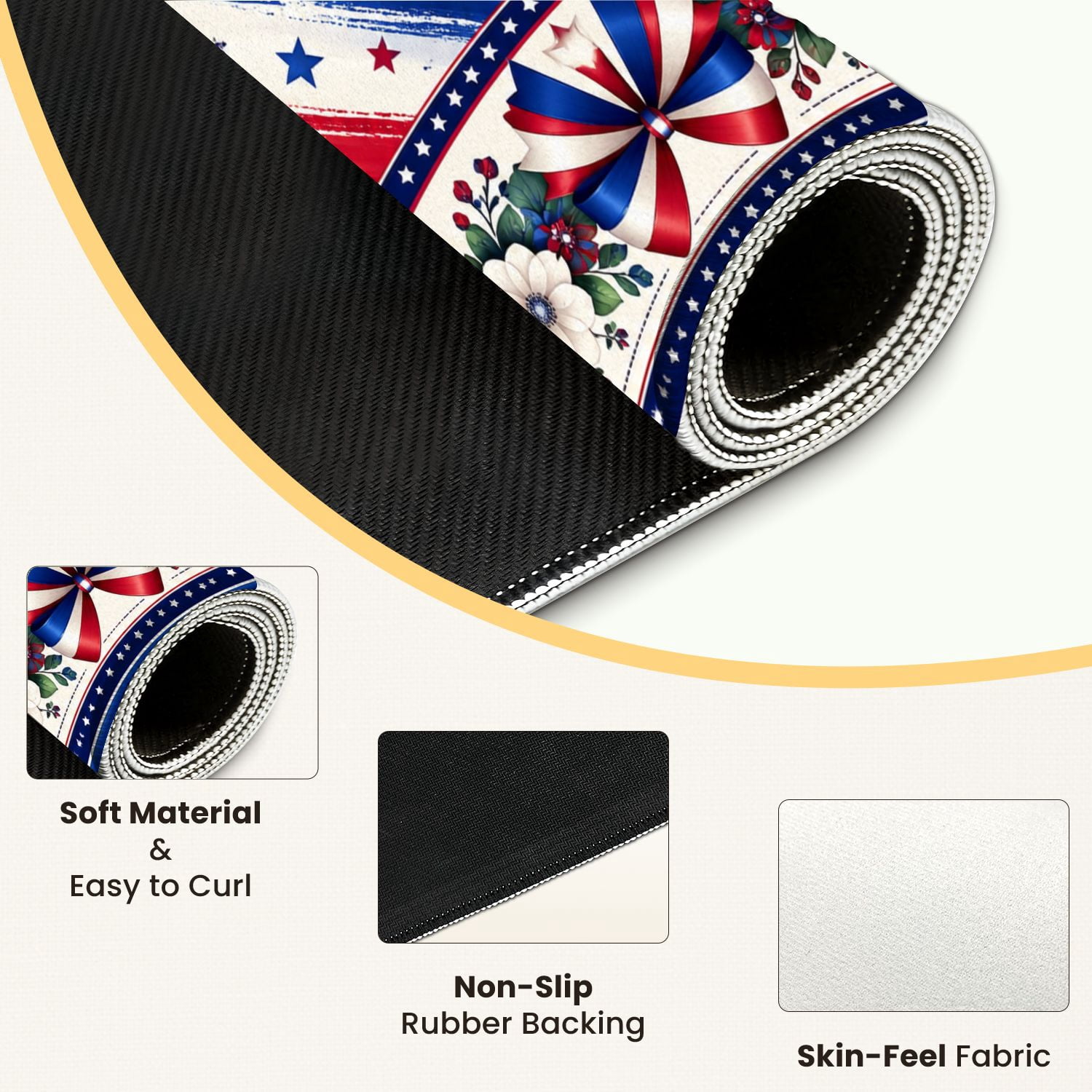 Mahjong Mat 31.5" x 31.5" Patriotic Red White Blue Floral Star Striped Bows Border Non-Slip Noise Reduction Mahjong Tiles Table Cover for Dominoes Poker Card Board and Tile Games
