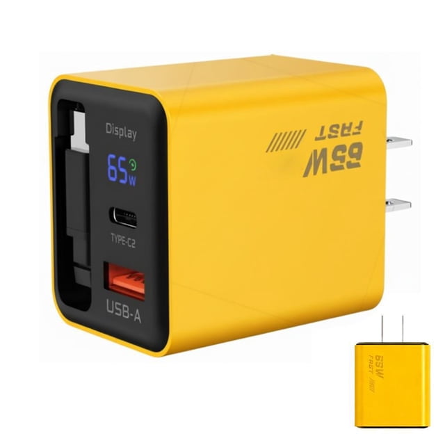 Universal 65W Extendable GaN Charger with Digital Display, US EU UK Plug, Fast Charging for iPhone Phones & Tablets, Compact Travel Adapter in White, Yellow, Silver, Black