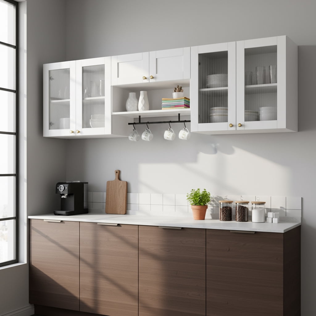 Advwin Wall Mounted Laundry Room Cabinet with Fluted Glass Doors, Hanging Rod, Hooks & Adjustable Shelves, Floating Storage Cabinet for Kitchen, Bathroom or Pantry Organization