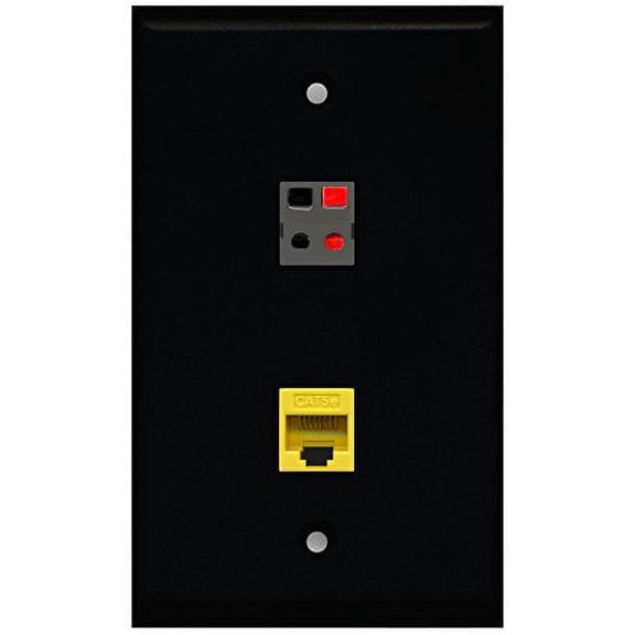 RiteAV - Black 1 Port Cat5e Ethernet Yellow 1 Port Speaker Wall Plate