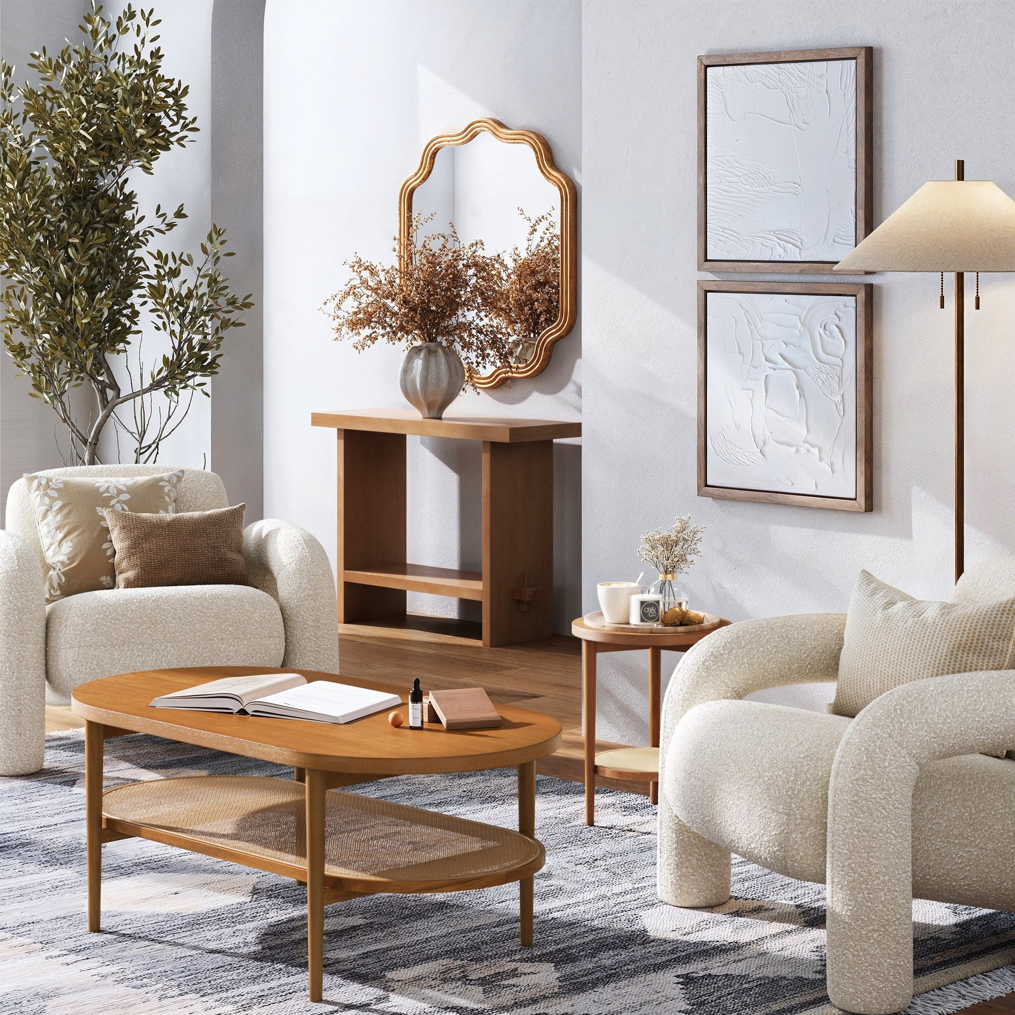 Nathan James Sonia Bohemian 2-Tier Oval Coffee Table, Living Room Cane Table with Storage Shelf and Mid-Century Legs in Honey Brown Wood with Rattan Accent