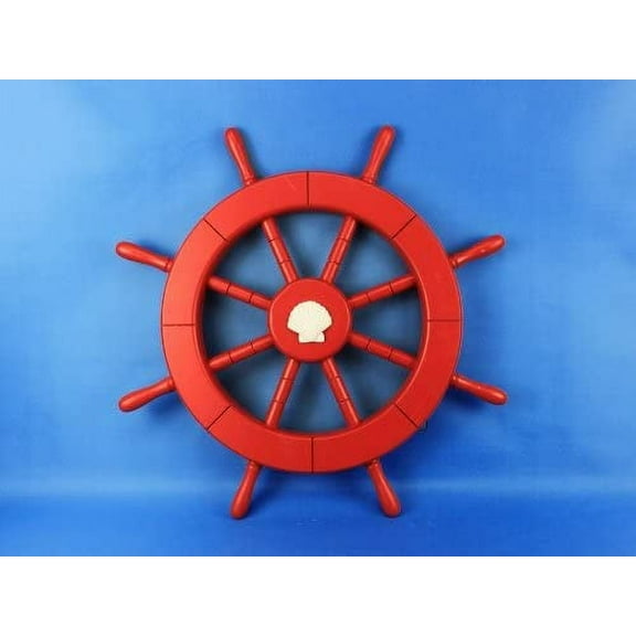 Red Ship Wheel with Seashell 18" - Seashell Decoration - Beach Theme