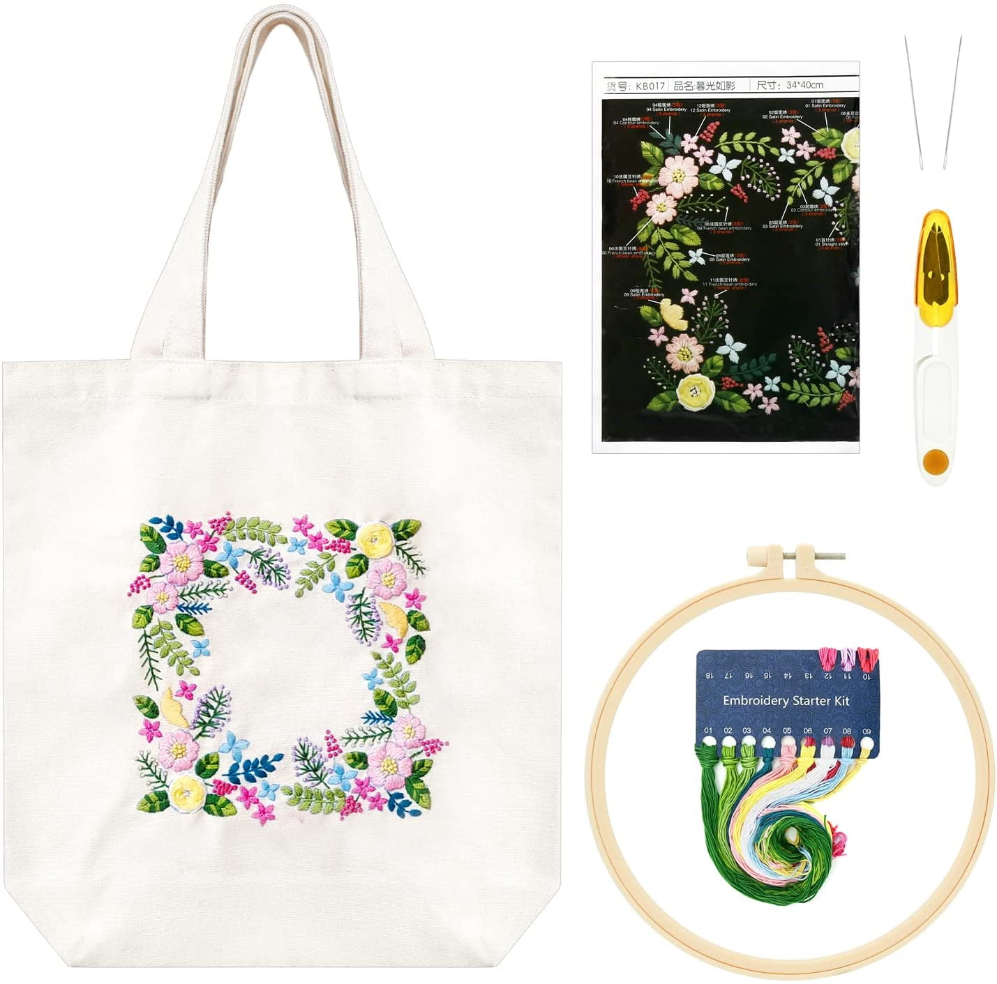 Maydear White Canvas Bag Embroidery Kit with prePrinted Pattern and