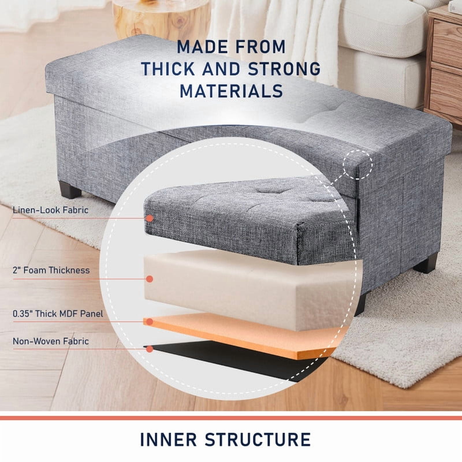 Ornavo Home 43 Inch Folding Storage Ottoman with Storage Bench, Long Large Storage Ottoman Bench, Storage Chest, Foot Rest Stool, Bedroom Bench with Storage