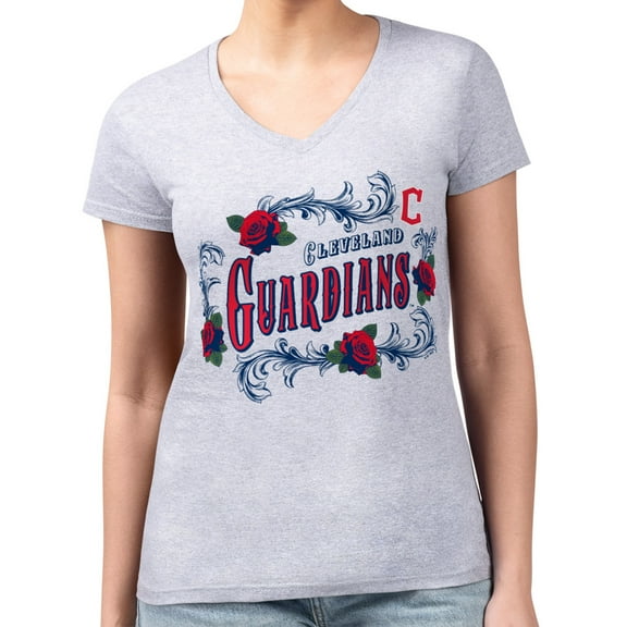 Women's G-III 4Her by Carl Banks  Gray Cleveland Guardians Super-Slim Fit Lightweight Retro Roses V-Neck T-Shirt