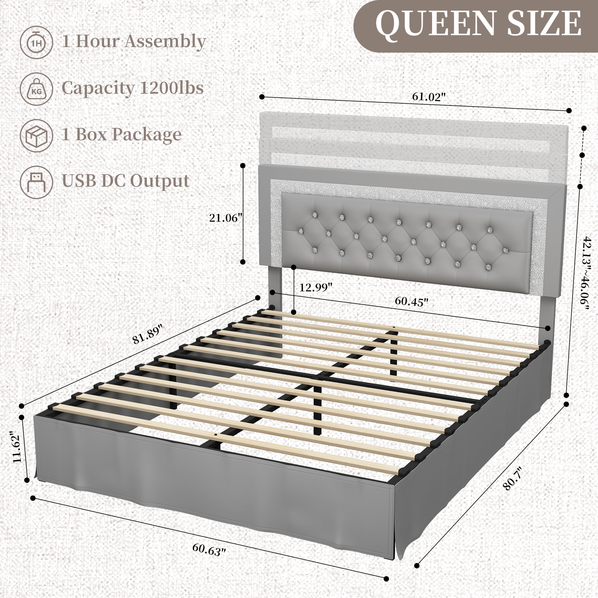 SIBEDS Queen Upholstered Bed Frame with Adjustable Headboard and LED Lights, Gray PU Tufted Diamond Button, No Box Spring Needed, Noise Free