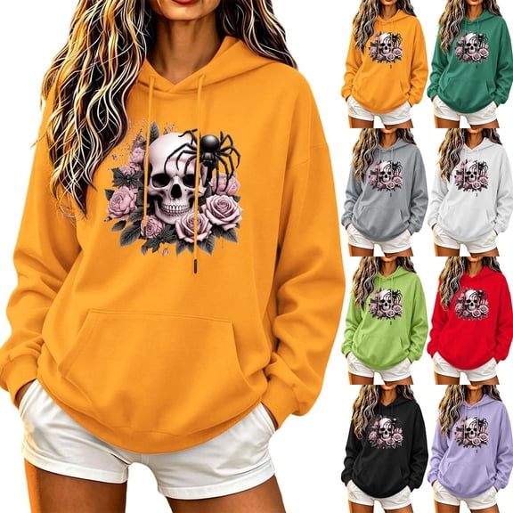 Jsaierl Women's Halloween Sweatshirts Plus Size Skull Print Pullover Hoodies Trendy Classic Long Sleeve Sweater Tops Halloween Costumes, Sizes S-2XL