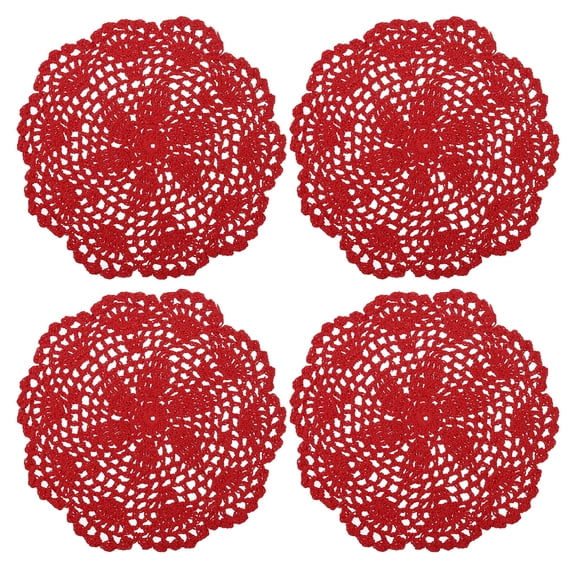 Uxcell Crochet Doilies Handmade Crochet Cotton Coaster Round Lace Placemats with Floral Patterns Red 4pcs