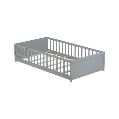 Bellemave Twin Size Floor Bed with Fence and Door, Montessori Floor Twin Bed with Built-in Book Rack, Solid Wood Twin Bed with Slats and Safety Guardrails, Grey