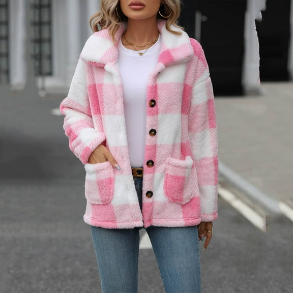 Aboser Fuzzy Fleece Pink Jackets for Women Warm Sherpa Plaid Shacket Long Sleeve Winter Coats Casual Button Down Jacket Coat with Pockets