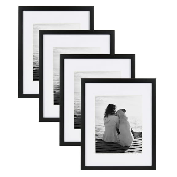 DesignOvation Gallery Wood Photo Frame Set for Customizable Wall Display, Black 11x14 matted to 8x10, Pack of 4