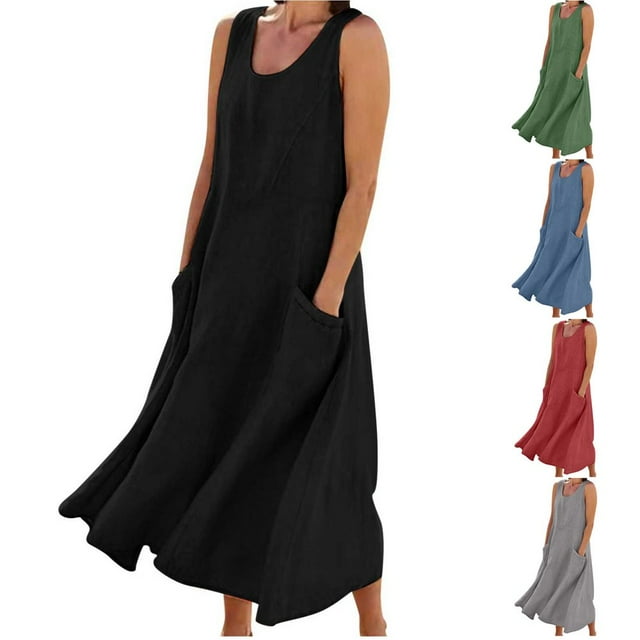JUNWELL Liquidation d'Économies d'Été Robes Maxi pour Femmes Été Robe Débardeur en Coton et Lin Manches Courtes Ample Col Ras du Cou Maxi Longue Fluide avec Poches