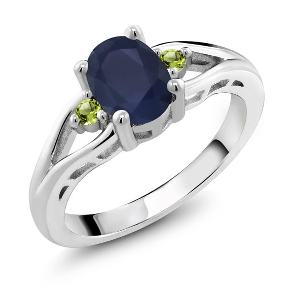 Gem Stone King 925 Sterling Silver Blue Sapphire and Green Peridot 3 Stone Engagement Ring for Women | 1.89 Cttw | Oval 8X6MM | Round 2MM | Gemstone September Birthstone | Size 9