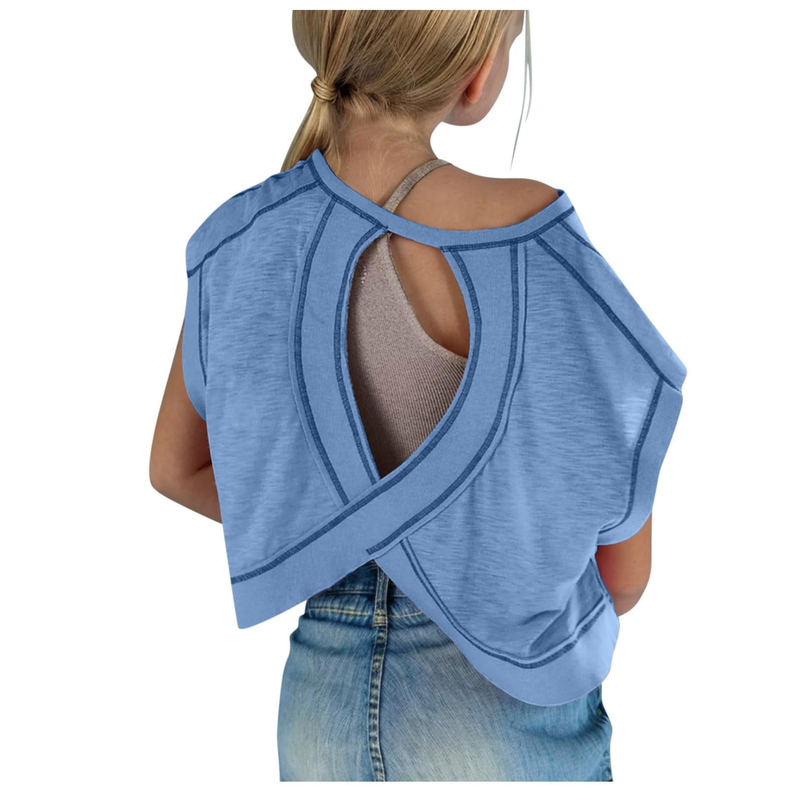 Faraee Teen Girls Open Back Shirts Backless Yoga Workout Summer Cute Tee Tops Short Sleeve Crop Oversized T Shirts Clothes 4t 5t 6t 7t 4-14 Years Blue