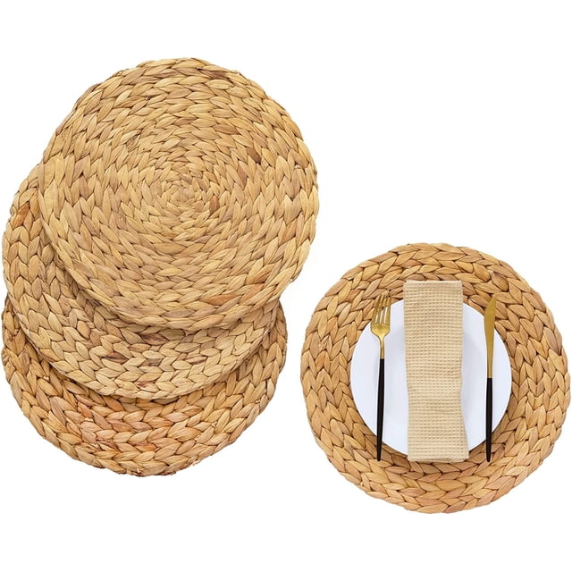 Juego de 4 manteles individuales redondos NOGIS Boho tejidos con jacinto de agua natural, redondos, trenzados, grandes, de ratán, para cenas y decoración (redondos de 25 cm)