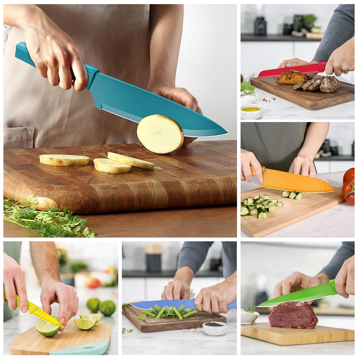 GPED 13 Pcs Kitchen Knives Set with Sharpener, Anti-Rust Coating, High Carbon Stainless Steel Chef Knife Sets with 6 Blade Guards, Dishwasher Safe, Multicolor