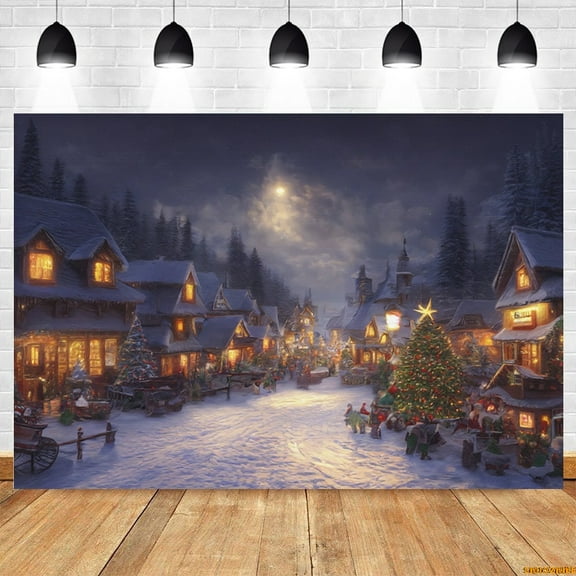 Christmas Town Backdrop Street Shops Snow Lights Xmas Tree Winter Party Photography Background r Photostudio Photobooth Prop