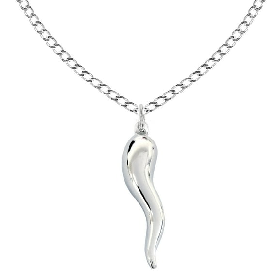 Ritastephens Italian Horn Silver Necklace, 24 Inches, Curb Chain, Sterling Silver 925